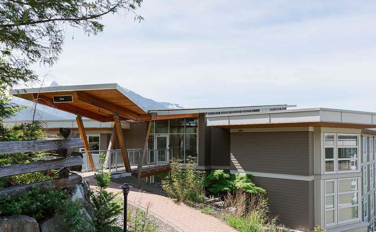 Outdoor photo of Ossa Building, one of the student housing buildings on Squamish Campus.